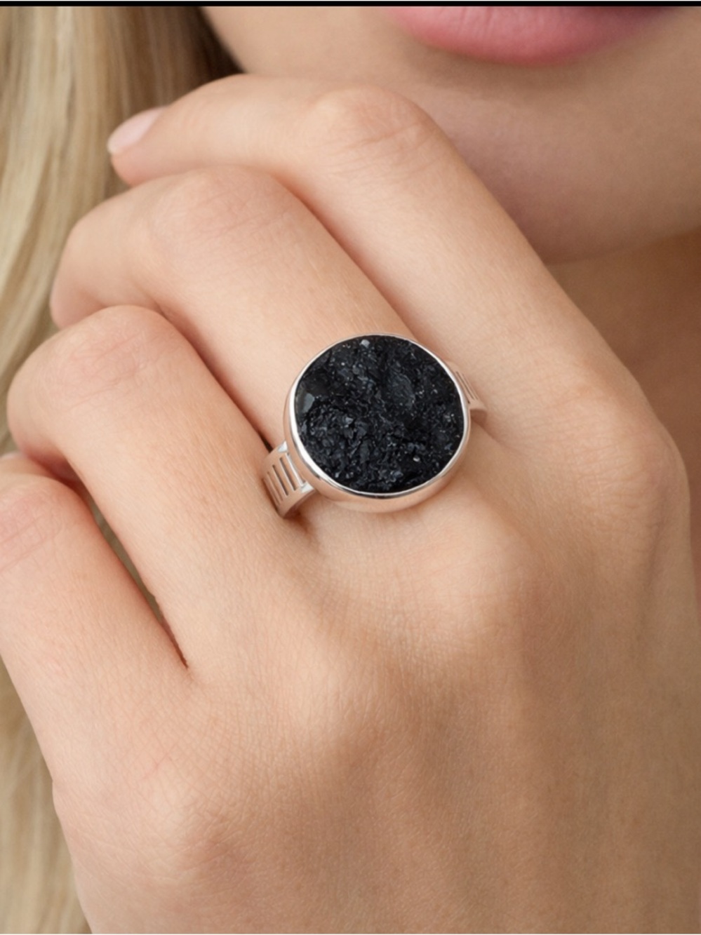 Sterling Silver Druzy Ring Black Stone Statement Size 9.5 Artisan Boho luxury